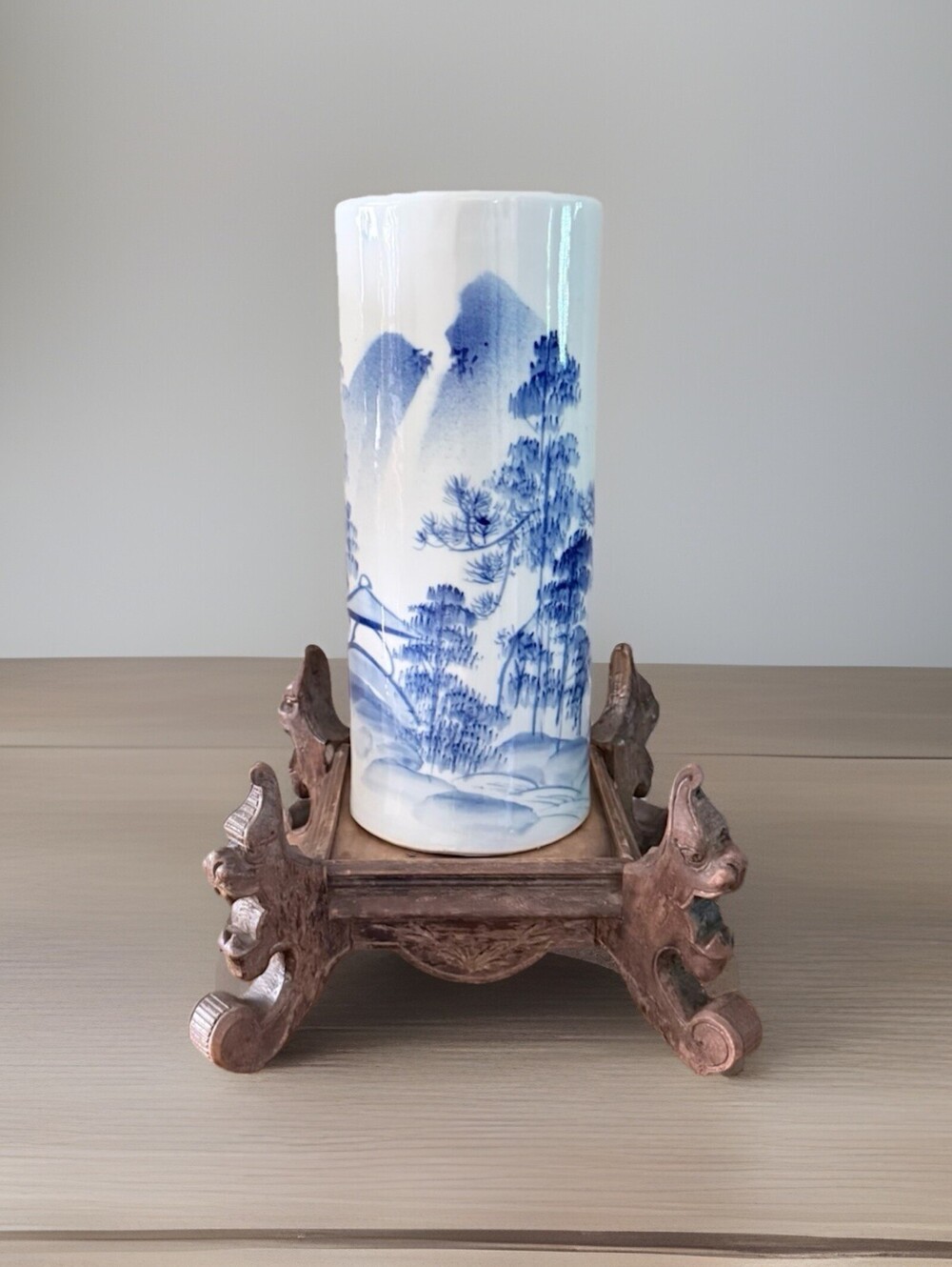 Vintage Chinese Porcelain Brush Pot Hand Painted Landscape Cylindrical 11.75" T